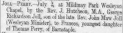 Taken on July 11th, 1878 at Wesleyan Chapel (Mildmay Park), Islington, Greater London, England and sourced from North Devon Journal.