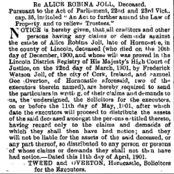 Taken on April 16th, 1901 in Horncastle, Lincolnshire, England and sourced from The London Gazette.